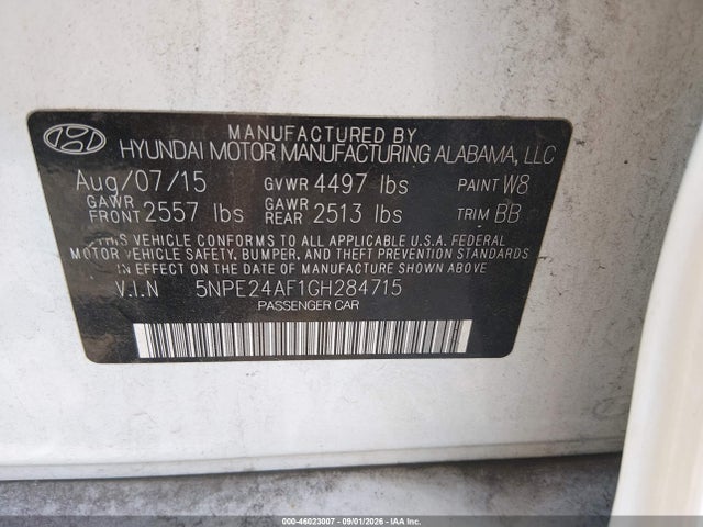 46023007 :رقم المزاد ، 5NPE24AF1GH284715 vin ، 2016 Hyundai Sonata Se مزاد بيع