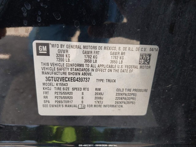 Auction sale of the 2014 Gmc Sierra 1500 Slt, vin: 3GTU2VECXEG439737, lot number: 46023011