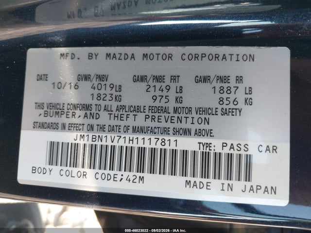 46023022 :رقم المزاد ، JM1BN1V71H1117811 vin ، 2017 Mazda Mazda3 Touring مزاد بيع