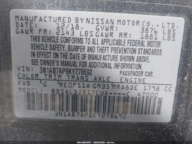 46023031 :رقم المزاد ، 3N1AB7AP8KY278692 vin ، 2019 Nissan Sentra Sv مزاد بيع