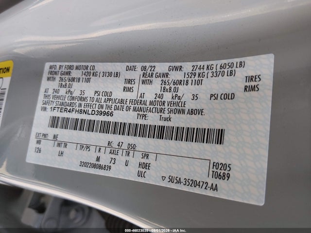 Продаж на аукціоні авто 2022 Ford Ranger Xlt, vin: 1FTER4FH8NLD39966, номер лоту: 46023035