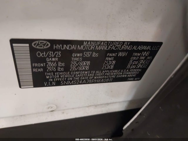 Продаж на аукціоні авто 2023 Hyundai Santa Fe Sel, vin: 5NMS24AJ8PH640811, номер лоту: 46023038