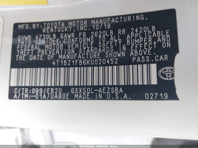 2019 Toyota Avalon Touring მანქანა იყიდება აუქციონზე, vin: 4T1BZ1FB6KU020452, აუქციონის ნომერი: 46023046