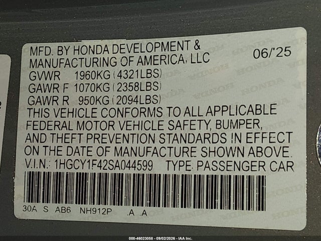 Продажа на аукционе авто 2025 Honda Accord Se, vin: 1HGCY1F42SA044599, номер лота: 46023058