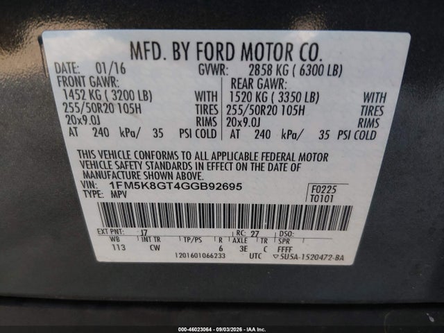 Продажа на аукционе авто 2016 Ford Explorer Sport, vin: 1FM5K8GT4GGB92695, номер лота: 46023064