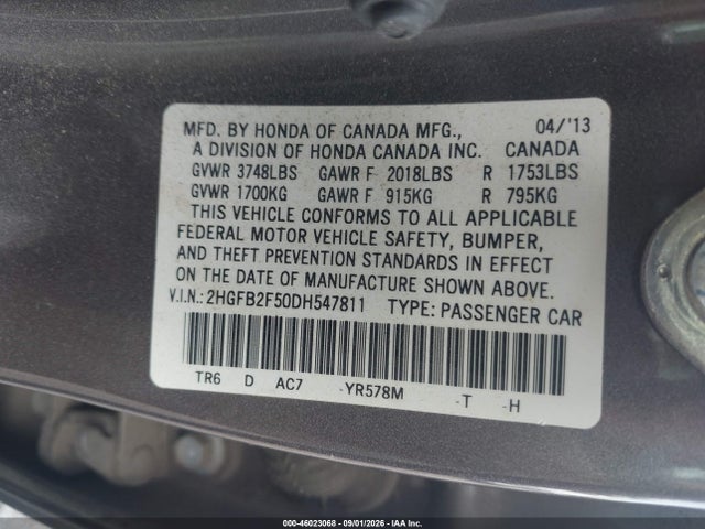 Aukcja sprzedaży 2013 Honda Civic Lx, vin: 2HGFB2F50DH547811, numer aukcji: 46023068