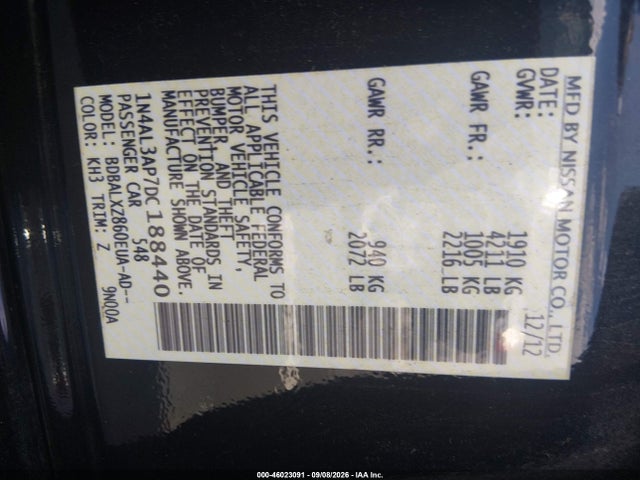 2013 Nissan Altima 2.5 Sl მანქანა იყიდება აუქციონზე, vin: 1N4AL3AP7DC188440, აუქციონის ნომერი: 46023091