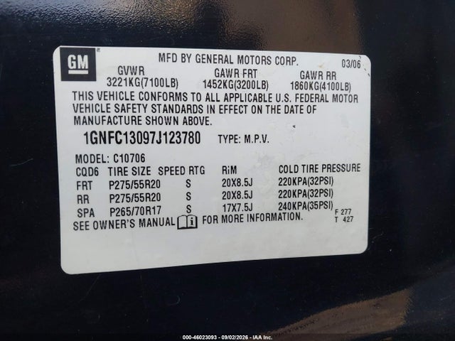 46023093 :رقم المزاد ، 1GNFC13097J123780 vin ، 2007 Chevrolet Tahoe Ltz مزاد بيع