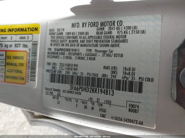 Aukcja sprzedaży 2019 Ford Fusion Se, vin: 3FA6P0HD2KR194813, numer aukcji: 46023100