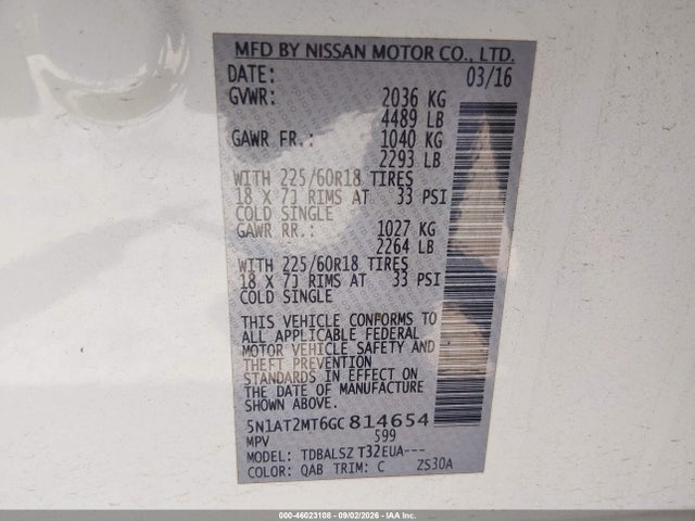 46023108 :رقم المزاد ، 5N1AT2MT6GC814654 vin ، 2016 Nissan Rogue Sl مزاد بيع