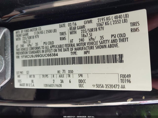 2016 Ford Escape Titanium მანქანა იყიდება აუქციონზე, vin: 1FMCU9J99GUC68384, აუქციონის ნომერი: 46023121