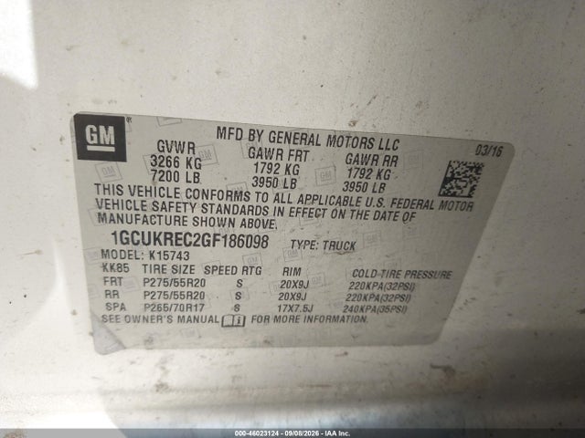 46023124 :رقم المزاد ، 1GCUKREC2GF186098 vin ، 2016 Chevrolet Silverado 1500 Lt مزاد بيع
