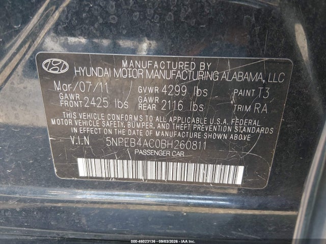 Aukcja sprzedaży 2011 Hyundai Sonata Gls, vin: 5NPEB4AC0BH260811, numer aukcji: 46023136