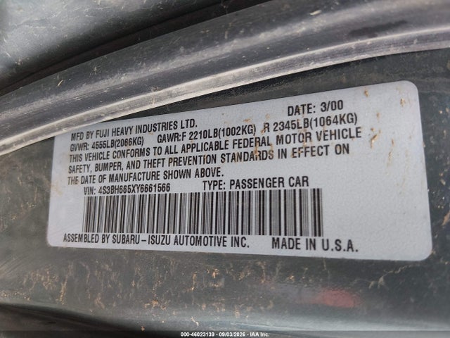 2000 Subaru Outback მანქანა იყიდება აუქციონზე, vin: 4S3BH665XY6661566, აუქციონის ნომერი: 46023139