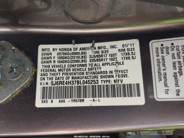 Продажа на аукционе авто 2011 Honda Cr-v Lx, vin: 5J6RE4H37BL045253, номер лота: 46023148