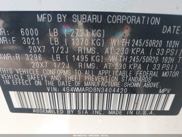 Aukcja sprzedaży 2022 Subaru Ascent Touring, vin: 4S4WMARD8N3404420, numer aukcji: 46023152