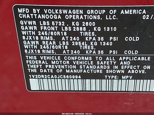 Продажа на аукционе авто 2018 Volkswagen Atlas 3.6l V6 Se/3.6l V6 Se W/technology, vin: 1V2DR2CA0JC560994, номер лота: 46023160