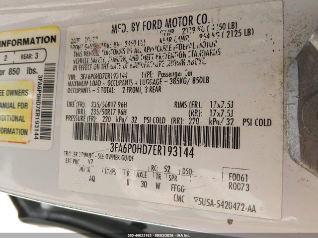 2014 Ford Fusion Se მანქანა იყიდება აუქციონზე, vin: 3FA6P0HD7ER193144, აუქციონის ნომერი: 46023163