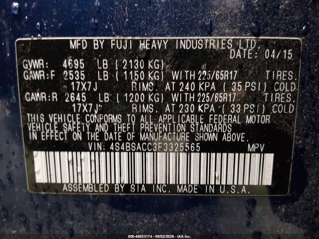 Subaru Outback 2.5i Premium 2015 4S4BSACC3F3325565 Image 9