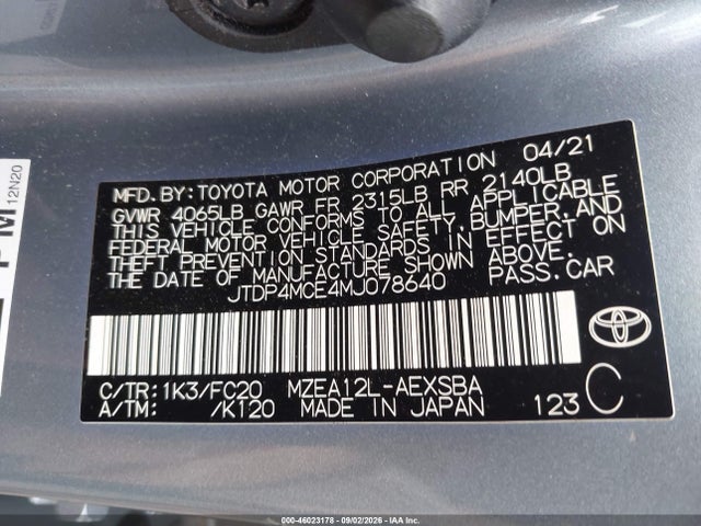 Aukcja sprzedaży 2021 Toyota Corolla Se, vin: JTDP4MCE4MJ078640, numer aukcji: 46023178