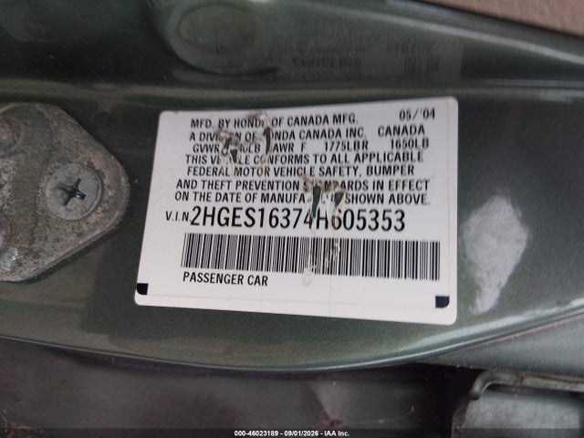 Aukcja sprzedaży 2004 Honda Civic Vp, vin: 2HGES16374H605353, numer aukcji: 46023189