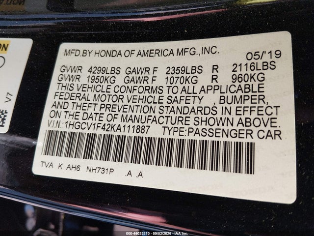 46023210 :رقم المزاد ، 1HGCV1F42KA111887 vin ، 2019 Honda Accord Ex مزاد بيع