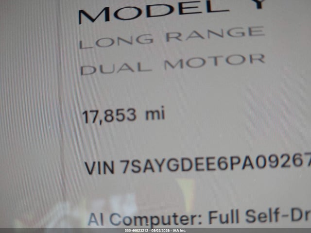 46023212 :رقم المزاد ، 7SAYGDEE6PA092673 vin ، 2023 Tesla Model Y Awd/long Range Dual Motor All-wheel Drive مزاد بيع