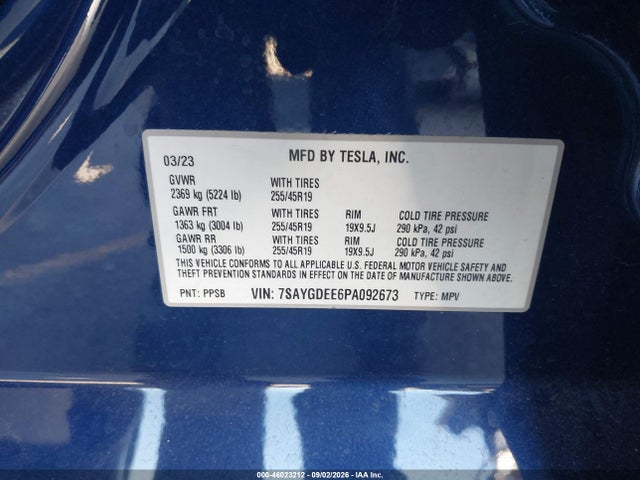 46023212 :رقم المزاد ، 7SAYGDEE6PA092673 vin ، 2023 Tesla Model Y Awd/long Range Dual Motor All-wheel Drive مزاد بيع