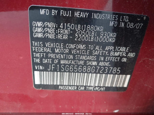 46023222 :رقم المزاد ، JF1SG65688G723785 vin ، 2008 Subaru Forester (natl) X W/premium Pkg مزاد بيع