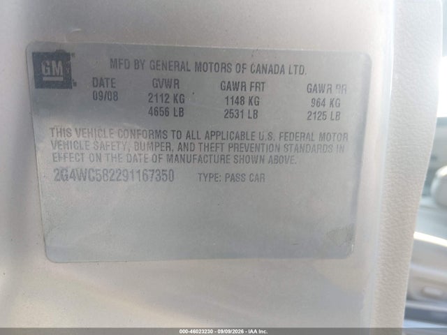 2009 Buick Lacrosse Cx მანქანა იყიდება აუქციონზე, vin: 2G4WC582291167350, აუქციონის ნომერი: 46023230