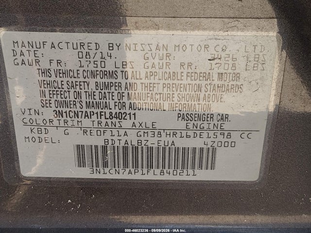 Auction sale of the 2015 Nissan Versa 1.6 S/1.6 S+/1.6 Sl/1.6 Sv, vin: 3N1CN7AP1FL840211, lot number: 46023236