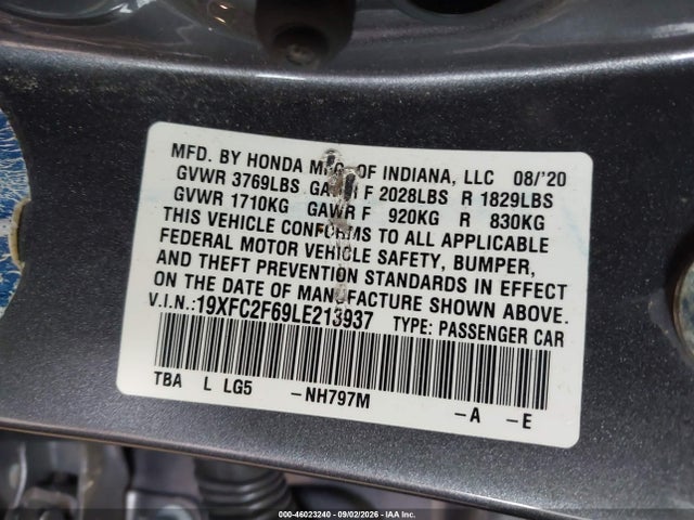 46023240 :رقم المزاد ، 19XFC2F69LE213937 vin ، 2020 Honda Civic Lx مزاد بيع