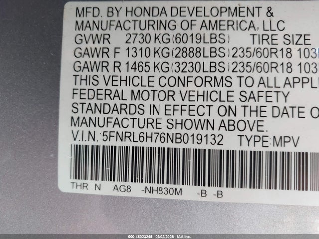 Продажа на аукционе авто 2022 Honda Odyssey Ex-l, vin: 5FNRL6H76NB019132, номер лота: 46023245