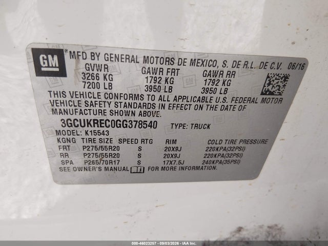 46023257 :رقم المزاد ، 3GCUKREC0GG378540 vin ، 2016 Chevrolet Silverado 1500 Lt مزاد بيع