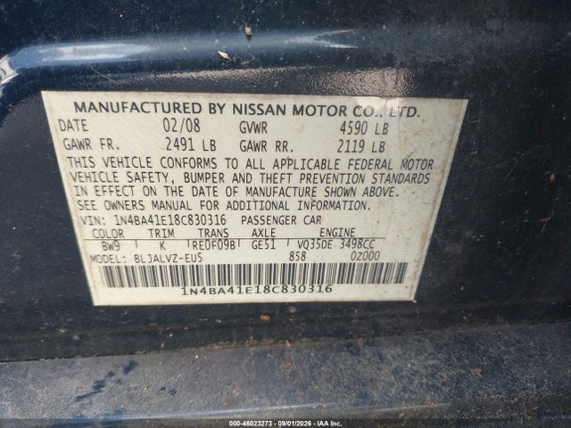 2008 Nissan Maxima 3.5 Se მანქანა იყიდება აუქციონზე, vin: 1N4BA41E18C830316, აუქციონის ნომერი: 46023273
