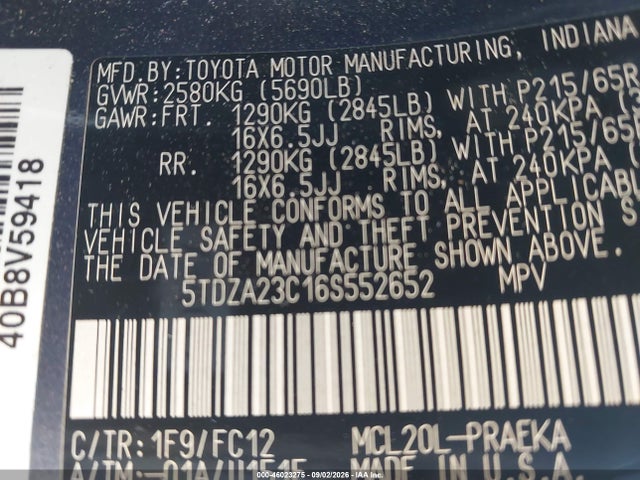 46023275 :رقم المزاد ، 5TDZA23C16S552652 vin ، 2006 Toyota Sienna Le مزاد بيع