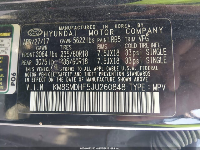 Aukcja sprzedaży 2018 Hyundai Santa Fe Se, vin: KM8SMDHF5JU260848, numer aukcji: 46023283
