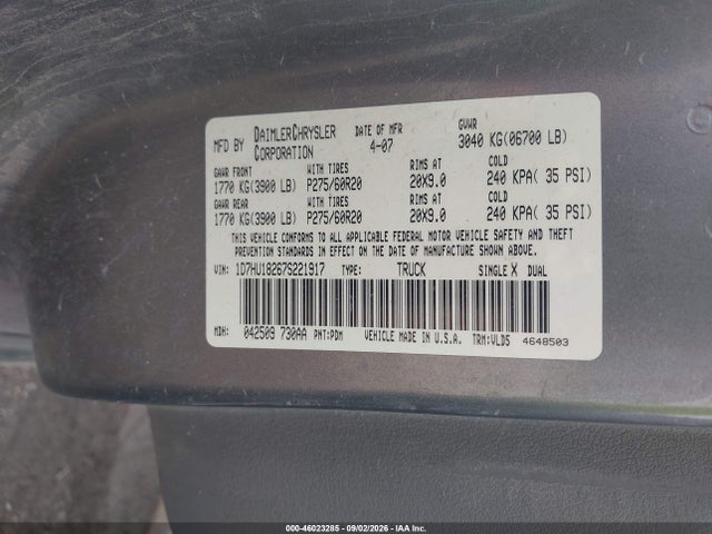 Aukcja sprzedaży 2007 Dodge Ram 1500 Laramie, vin: 1D7HU18267S221917, numer aukcji: 46023285