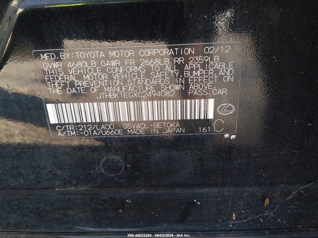 46023298 :رقم المزاد ، JTHBK1EGXC2494082 vin ، 2012 Lexus Es 350 مزاد بيع