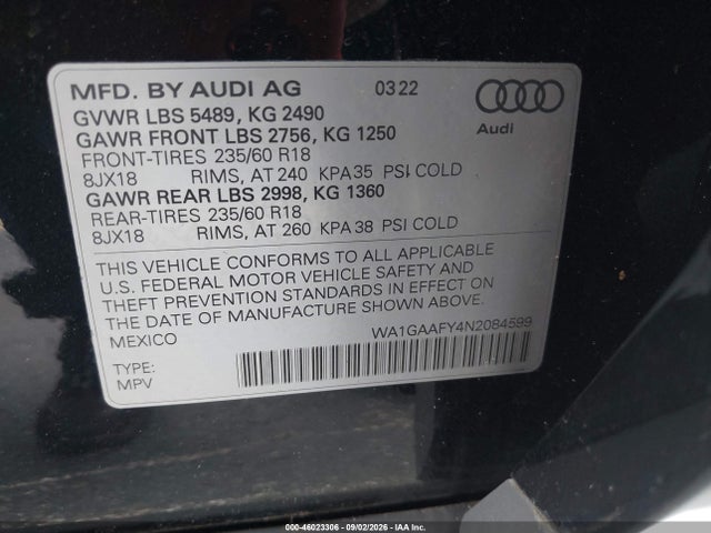 46023306 :رقم المزاد ، WA1GAAFY4N2084599 vin ، 2022 Audi Q5 Premium 45 Tfsi S Line Quattro S Tronic مزاد بيع