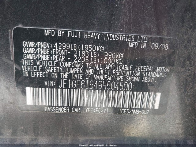 2009 Subaru Impreza 2.5i მანქანა იყიდება აუქციონზე, vin: JF1GE61649H504500, აუქციონის ნომერი: 46023319