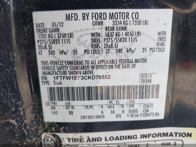 Продаж на аукціоні авто 2012 Ford F-150 Fx4, vin: 1FTFW1EF3CKD76552, номер лоту: 46023322