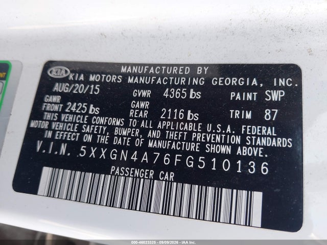 Auction sale of the 2015 Kia Optima Ex, vin: 5XXGN4A76FG510136, lot number: 46023325