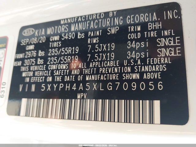 Продажа на аукционе авто 2020 Kia Sorento 3.3l Ex, vin: 5XYPH4A5XLG709056, номер лота: 46023340