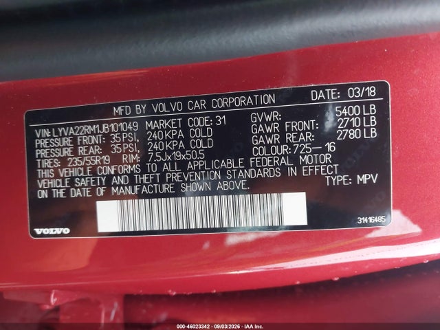 Aukcja sprzedaży 2018 Volvo Xc60 T6 R-design, vin: LYVA22RM1JB101049, numer aukcji: 46023342
