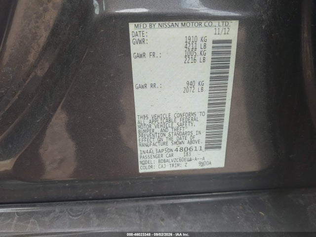 2013 Nissan Altima 2.5 Sl მანქანა იყიდება აუქციონზე, vin: 1N4AL3AP5DN480611, აუქციონის ნომერი: 46023348
