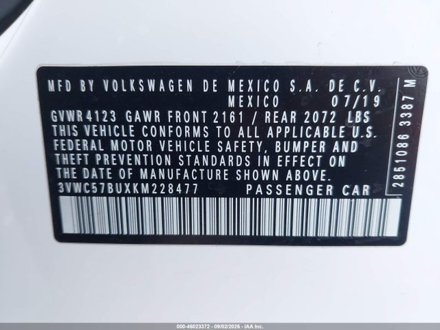 46023372 :رقم المزاد ، 3VWC57BUXKM228477 vin ، 2019 Volkswagen Jetta 1.4t R-line/1.4t S/1.4t Se مزاد بيع