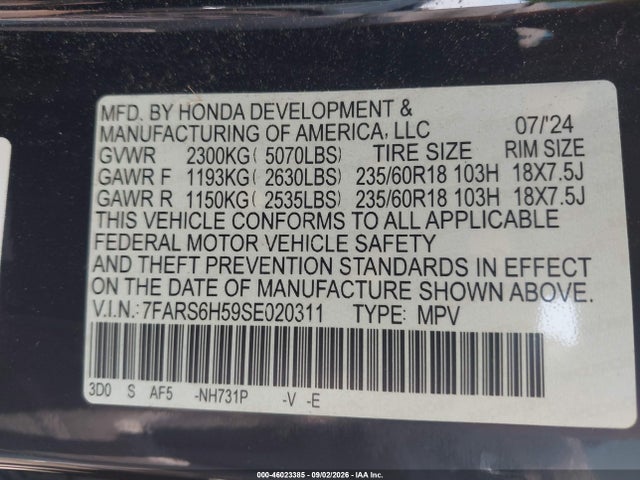 Продаж на аукціоні авто 2025 Honda Cr-v Hybrid Sport, vin: 7FARS6H59SE020311, номер лоту: 46023385