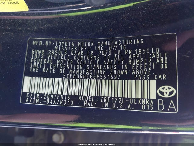 Toyota COROLLA LE 2016 5YFBURHE6GP551597 Image 9