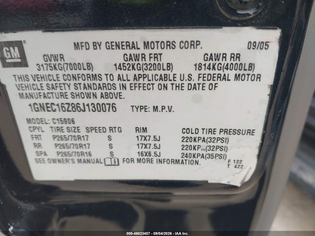 Aukcja sprzedaży 2006 Chevrolet Suburban 1500 Lt, vin: 1GNEC16Z86J130076, numer aukcji: 46023407